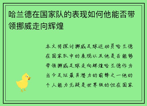 哈兰德在国家队的表现如何他能否带领挪威走向辉煌