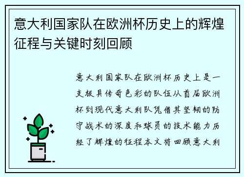 意大利国家队在欧洲杯历史上的辉煌征程与关键时刻回顾 意大利国家队在欧洲杯历史上的辉煌征程与关键时刻回顾