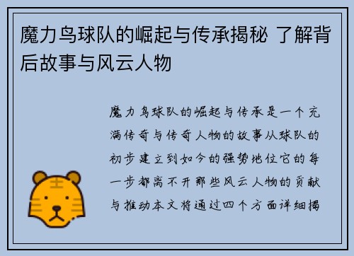 魔力鸟球队的崛起与传承揭秘 了解背后故事与风云人物